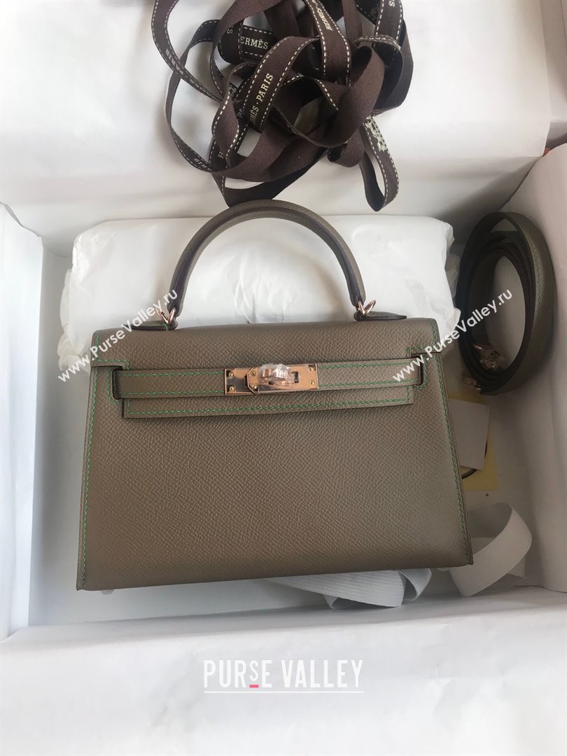 Hermes Mini Kelly II Bag 19cm in Original Epsom Leather Etoupe/Green/Rosy Gold 2024 (Full Handmade) (XYA-24030503)