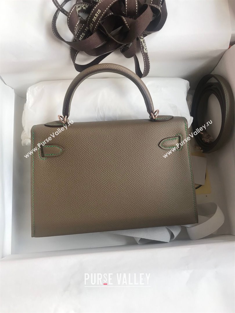 Hermes Mini Kelly II Bag 19cm in Original Epsom Leather Etoupe/Green/Rosy Gold 2024 (Full Handmade) (XYA-24030503)