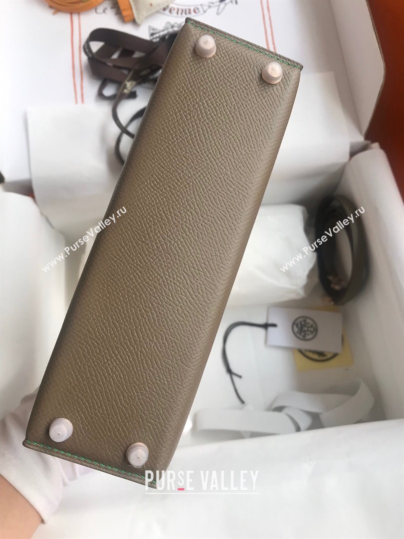 Hermes Mini Kelly II Bag 19cm in Original Epsom Leather Etoupe/Green/Rosy Gold 2024 (Full Handmade) (XYA-24030503)