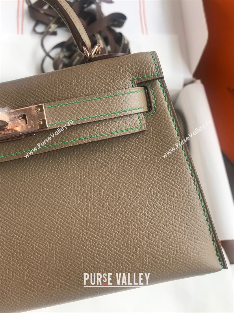 Hermes Mini Kelly II Bag 19cm in Original Epsom Leather Etoupe/Green/Rosy Gold 2024 (Full Handmade) (XYA-24030503)