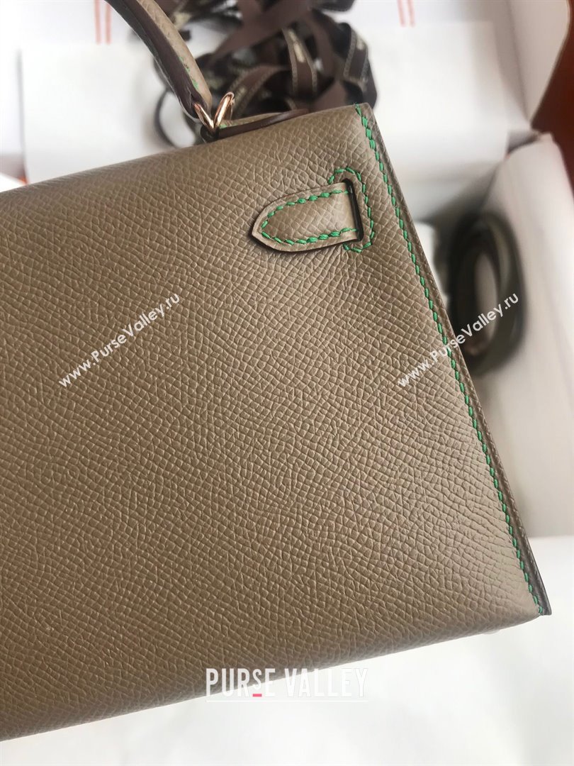 Hermes Mini Kelly II Bag 19cm in Original Epsom Leather Etoupe/Green/Rosy Gold 2024 (Full Handmade) (XYA-24030503)