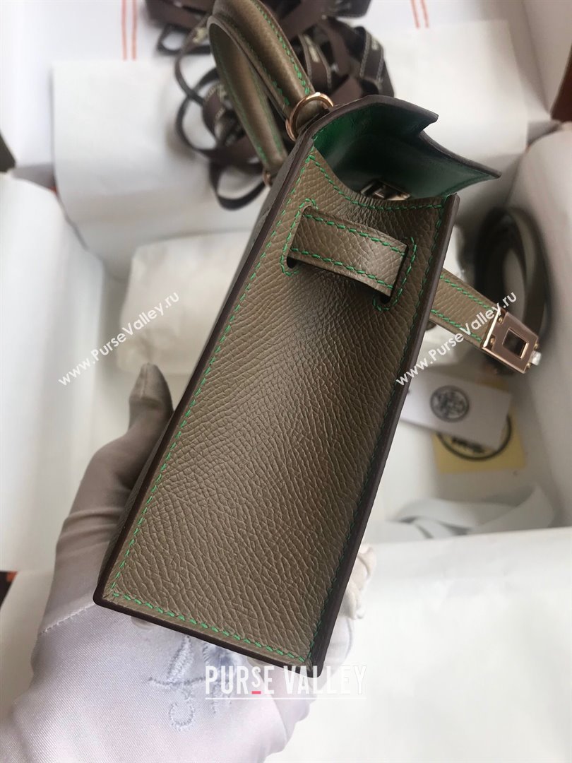 Hermes Mini Kelly II Bag 19cm in Original Epsom Leather Etoupe/Green/Rosy Gold 2024 (Full Handmade) (XYA-24030503)