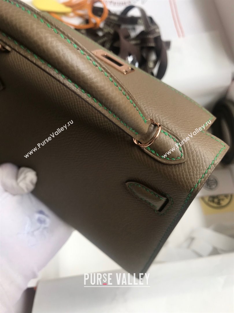 Hermes Mini Kelly II Bag 19cm in Original Epsom Leather Etoupe/Green/Rosy Gold 2024 (Full Handmade) (XYA-24030503)