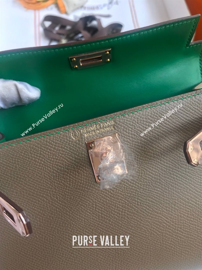 Hermes Mini Kelly II Bag 19cm in Original Epsom Leather Etoupe/Green/Rosy Gold 2024 (Full Handmade) (XYA-24030503)