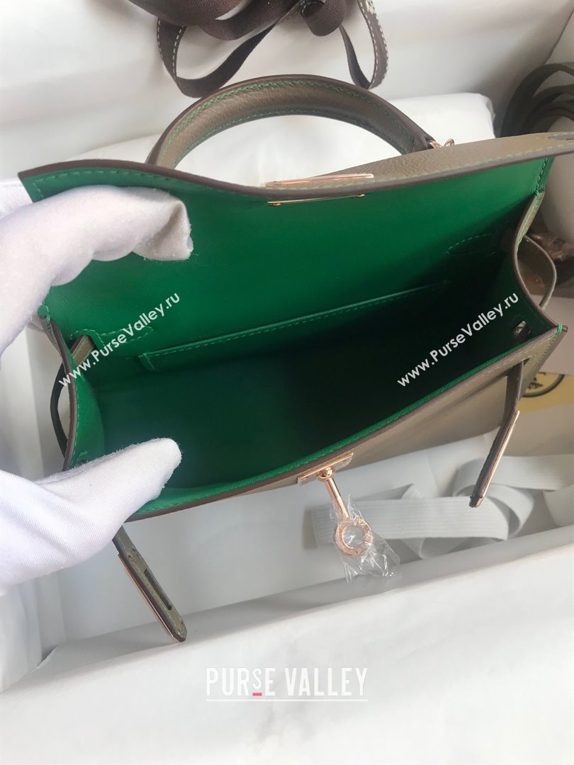 Hermes Mini Kelly II Bag 19cm in Original Epsom Leather Etoupe/Green/Rosy Gold 2024 (Full Handmade) (XYA-24030503)
