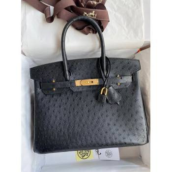 Hermes Birkin 25cm Bag in Ostrich Leather Black/Gold 2024 (Full Handmade) (XYA-24081915)