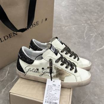 Golden Goose Super-Star Sneakers in white leather with black strass tab and gold star 2024 (13-241113003)