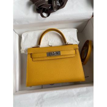 Hermes Mini Kelly II Bag 19cm in Original Epsom Leather Amber Yellow/Silver 2024 (Full Handmade) (XYA-24030509)