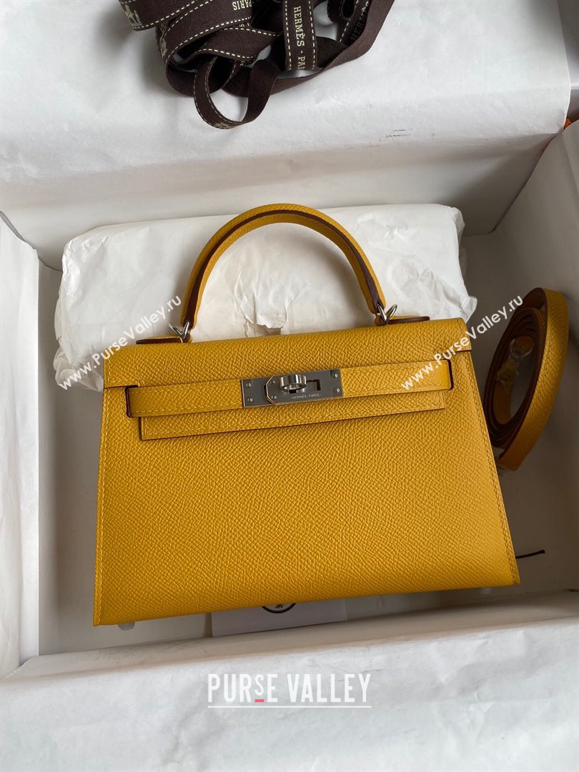 Hermes Mini Kelly II Bag 19cm in Original Epsom Leather Amber Yellow/Silver 2024 (Full Handmade) (XYA-24030509)