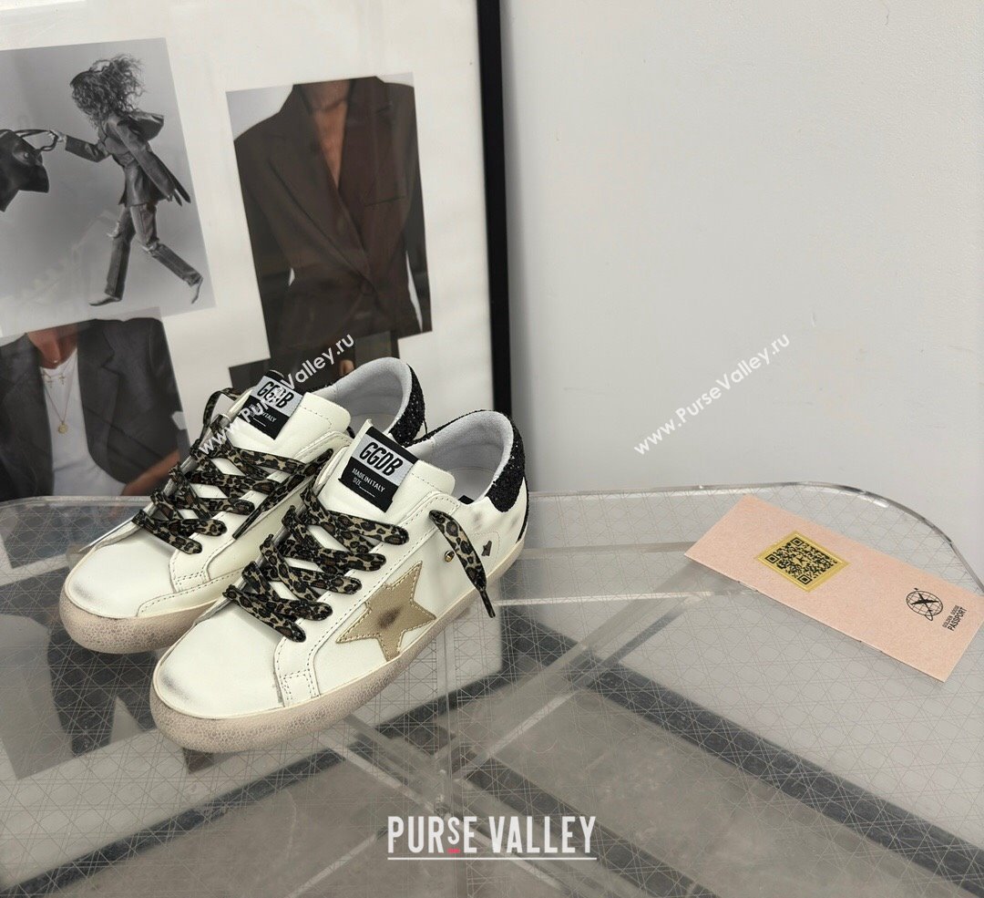 Golden Goose Super-Star Sneakers in white leather with black strass tab and gold star 2024 (13-241113003)