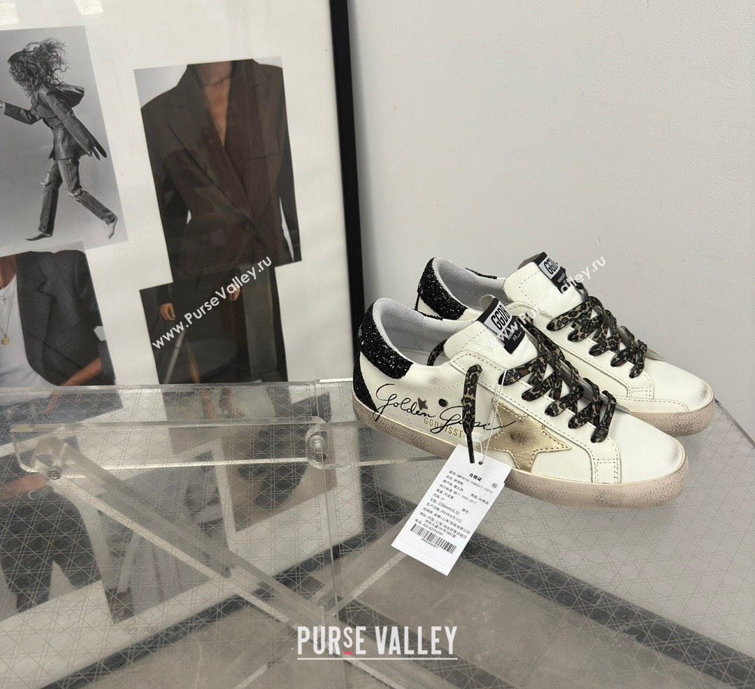 Golden Goose Super-Star Sneakers in white leather with black strass tab and gold star 2024 (13-241113003)