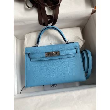 Hermes Mini Kelly II Bag 19cm in Original Epsom Leather Candy Blue/Silver 2024 (Full Handmade) (XYA-24030510)