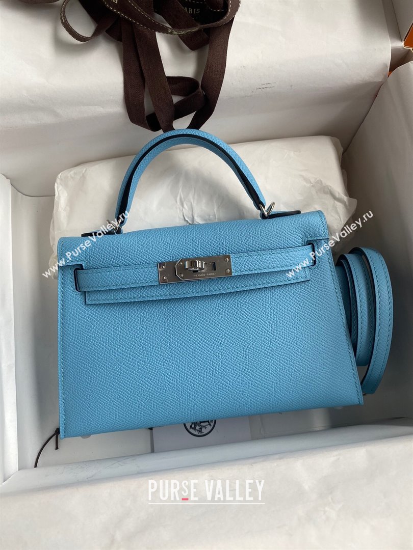 Hermes Mini Kelly II Bag 19cm in Original Epsom Leather Candy Blue/Silver 2024 (Full Handmade) (XYA-24030510)