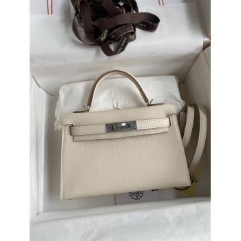 Hermes Mini Kelly II Bag 19cm in Original Epsom Leather Milk Shark White/Brown/Silver 2024 (Full Handmade) (XYA-24030511)