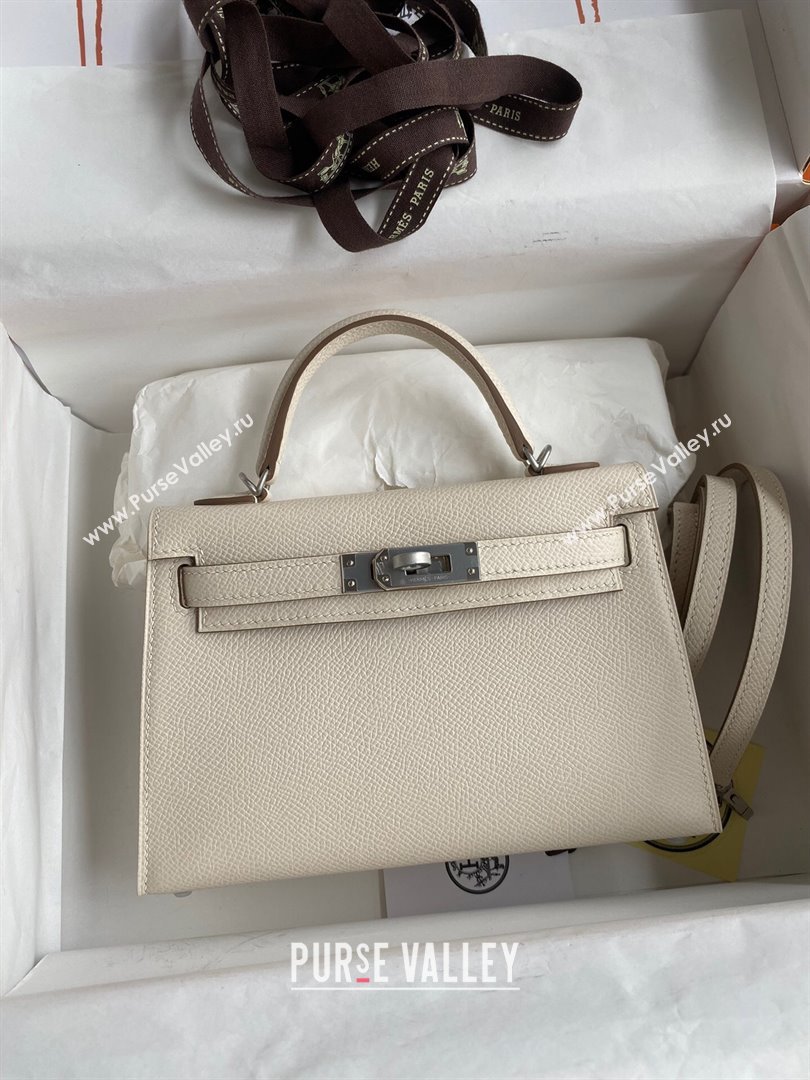 Hermes Mini Kelly II Bag 19cm in Original Epsom Leather Milk Shark White/Brown/Silver 2024 (Full Handmade) (XYA-24030511)
