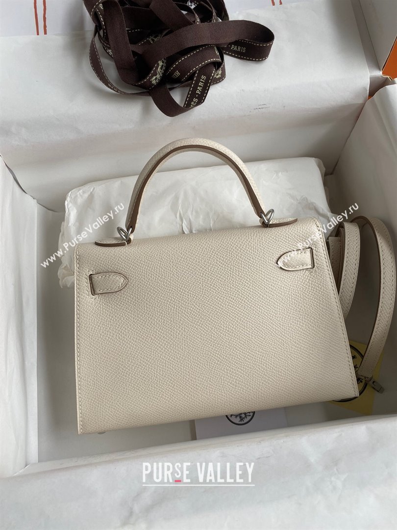 Hermes Mini Kelly II Bag 19cm in Original Epsom Leather Milk Shark White/Brown/Silver 2024 (Full Handmade) (XYA-24030511)