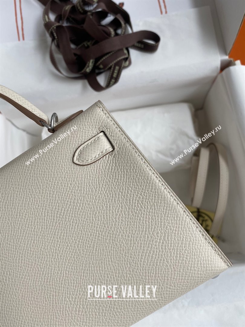 Hermes Mini Kelly II Bag 19cm in Original Epsom Leather Milk Shark White/Brown/Silver 2024 (Full Handmade) (XYA-24030511)