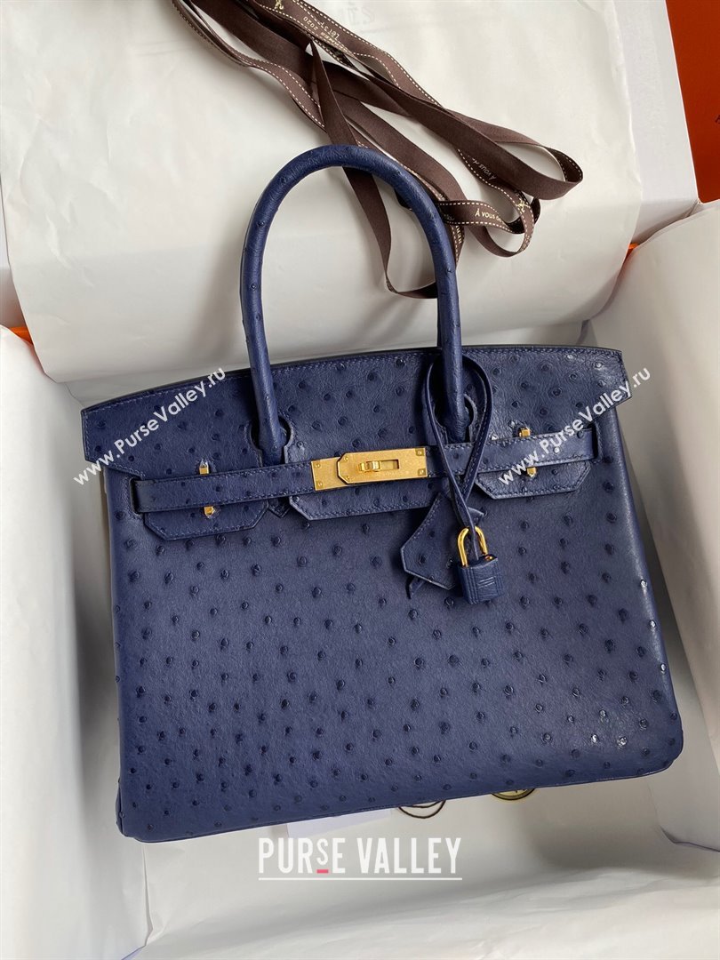 Hermes Birkin 25cm Bag in Ostrich Leather Blue/Gold 2024 (Full Handmade) (XYA-24081916)