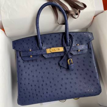 Hermes Birkin 25cm Bag in Ostrich Leather Blue/Gold 2024 (Full Handmade) (XYA-24081916)