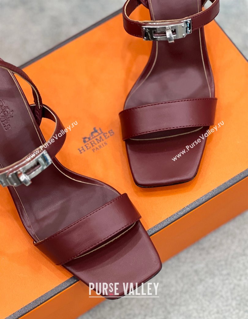 Hermes Glamour Calfskin Heel Sandals 7.5cm with Kelly Buckle Dark Burgundy 2025 H02273 (MD-250227034)