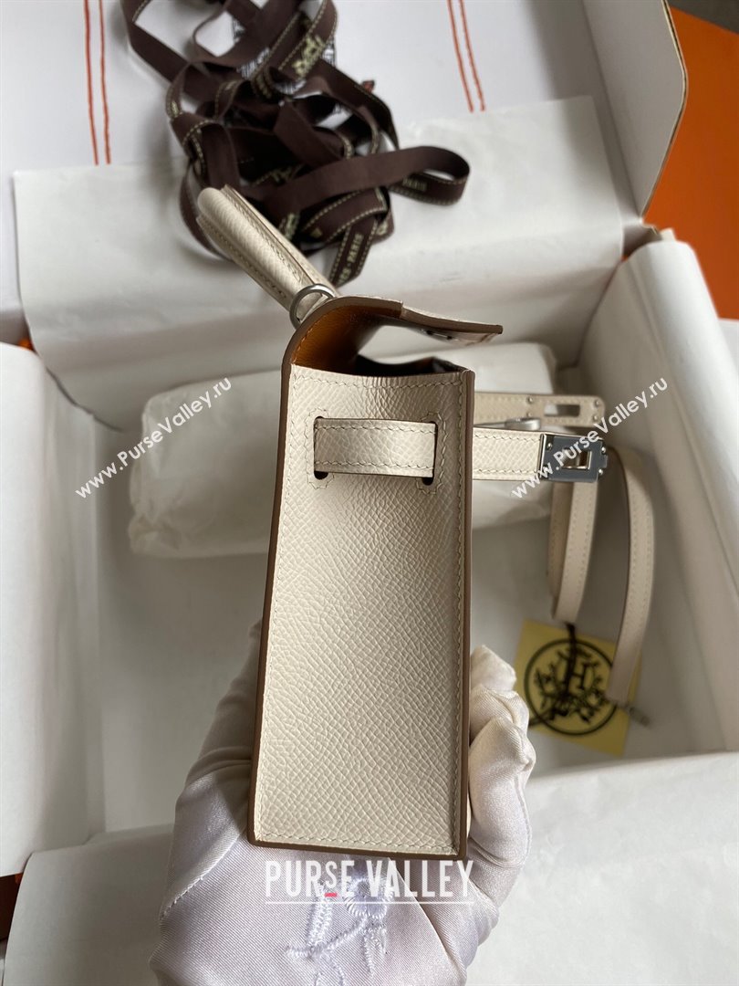 Hermes Mini Kelly II Bag 19cm in Original Epsom Leather Milk Shark White/Brown/Silver 2024 (Full Handmade) (XYA-24030511)