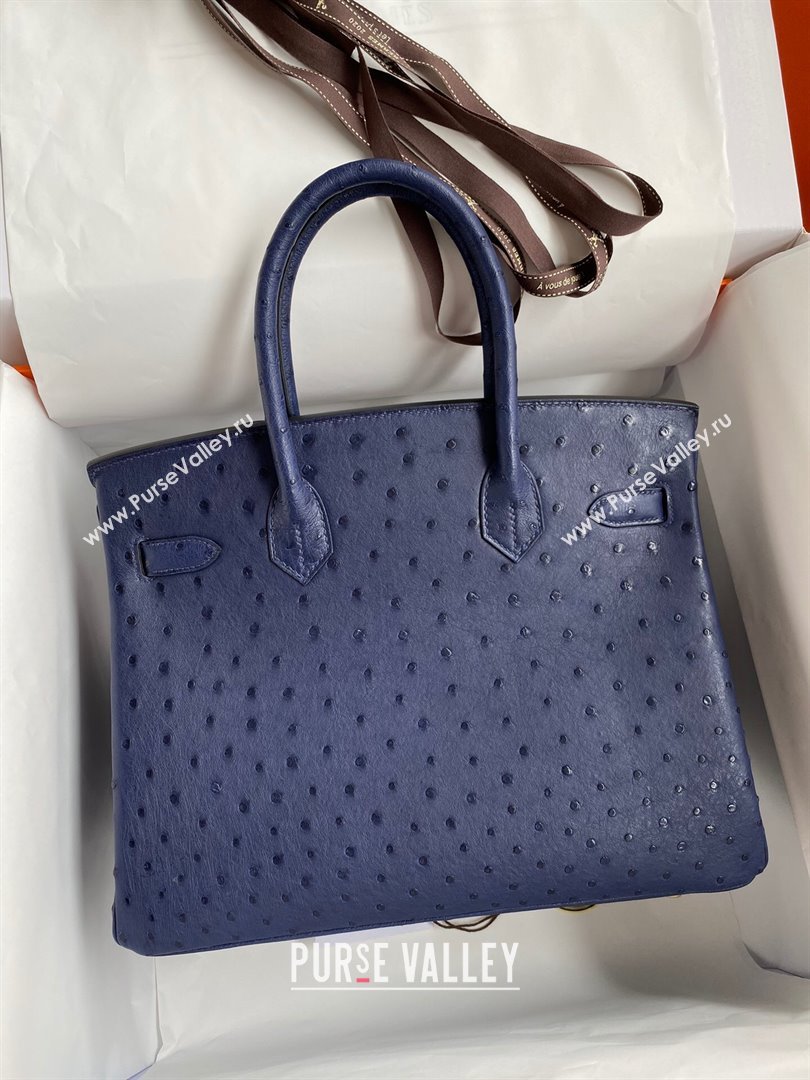 Hermes Birkin 25cm Bag in Ostrich Leather Blue/Gold 2024 (Full Handmade) (XYA-24081916)