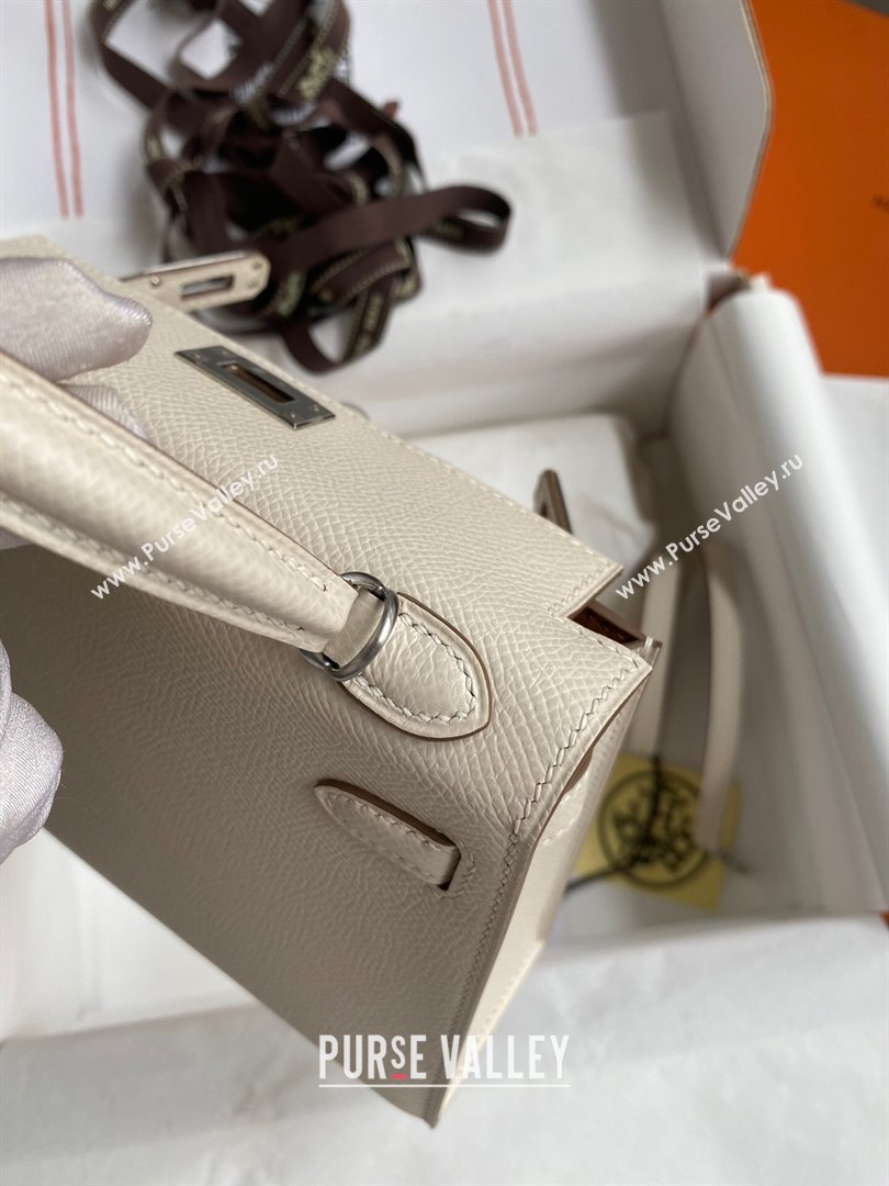 Hermes Mini Kelly II Bag 19cm in Original Epsom Leather Milk Shark White/Brown/Silver 2024 (Full Handmade) (XYA-24030511)