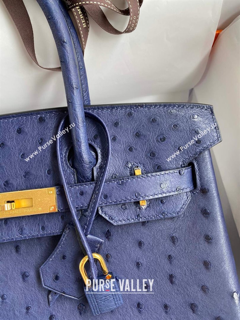 Hermes Birkin 25cm Bag in Ostrich Leather Blue/Gold 2024 (Full Handmade) (XYA-24081916)