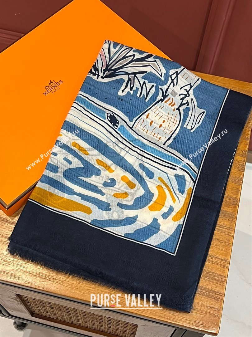 Hermes Cashmere Long Scarf 200x100cm H11736 Black/Blue 2023 (A-23111736)