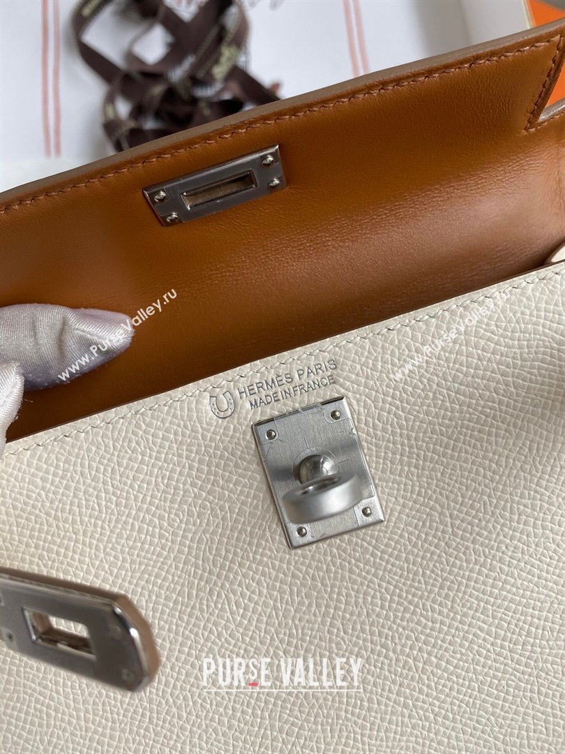 Hermes Mini Kelly II Bag 19cm in Original Epsom Leather Milk Shark White/Brown/Silver 2024 (Full Handmade) (XYA-24030511)