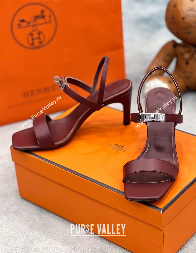 Hermes Glamour Calfskin Heel Sandals 7.5cm with Kelly Buckle Dark Burgundy 2025 H02273 (MD-250227034)