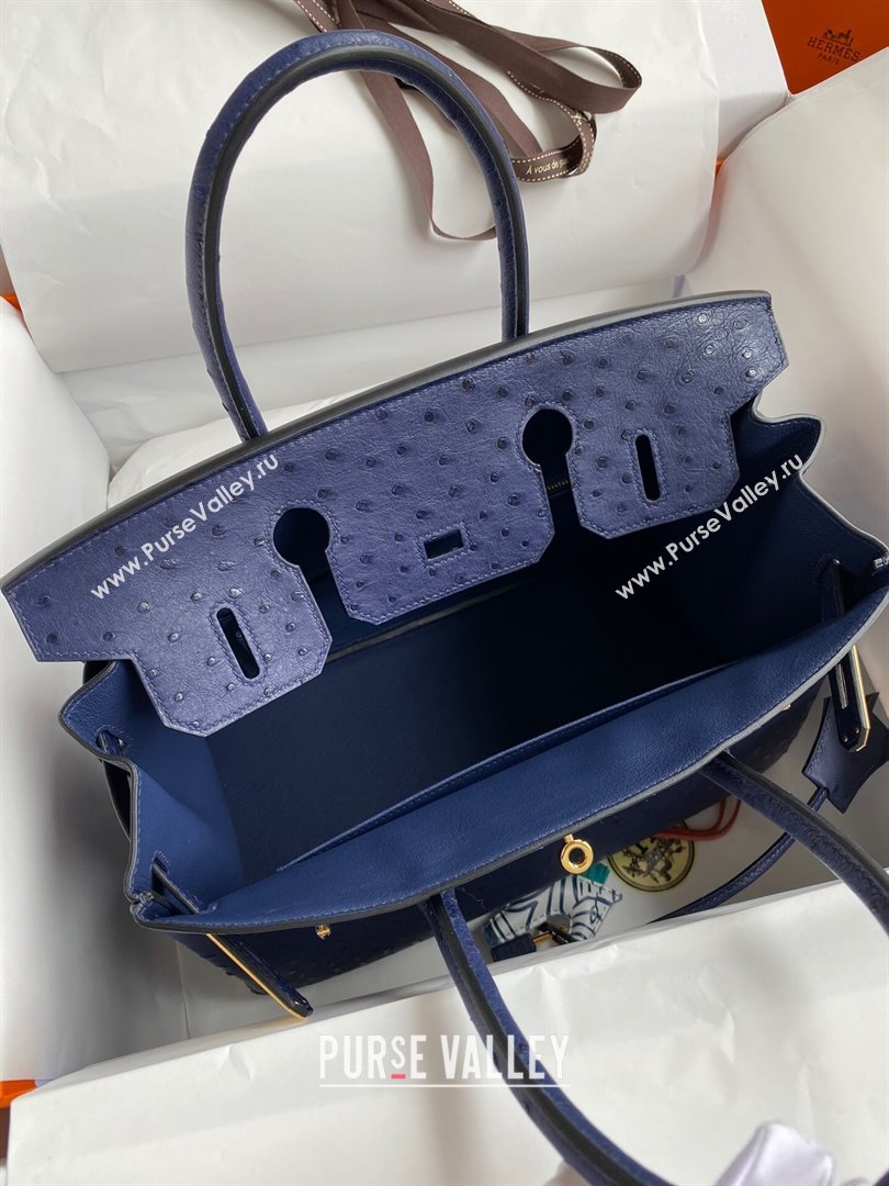 Hermes Birkin 25cm Bag in Ostrich Leather Blue/Gold 2024 (Full Handmade) (XYA-24081916)