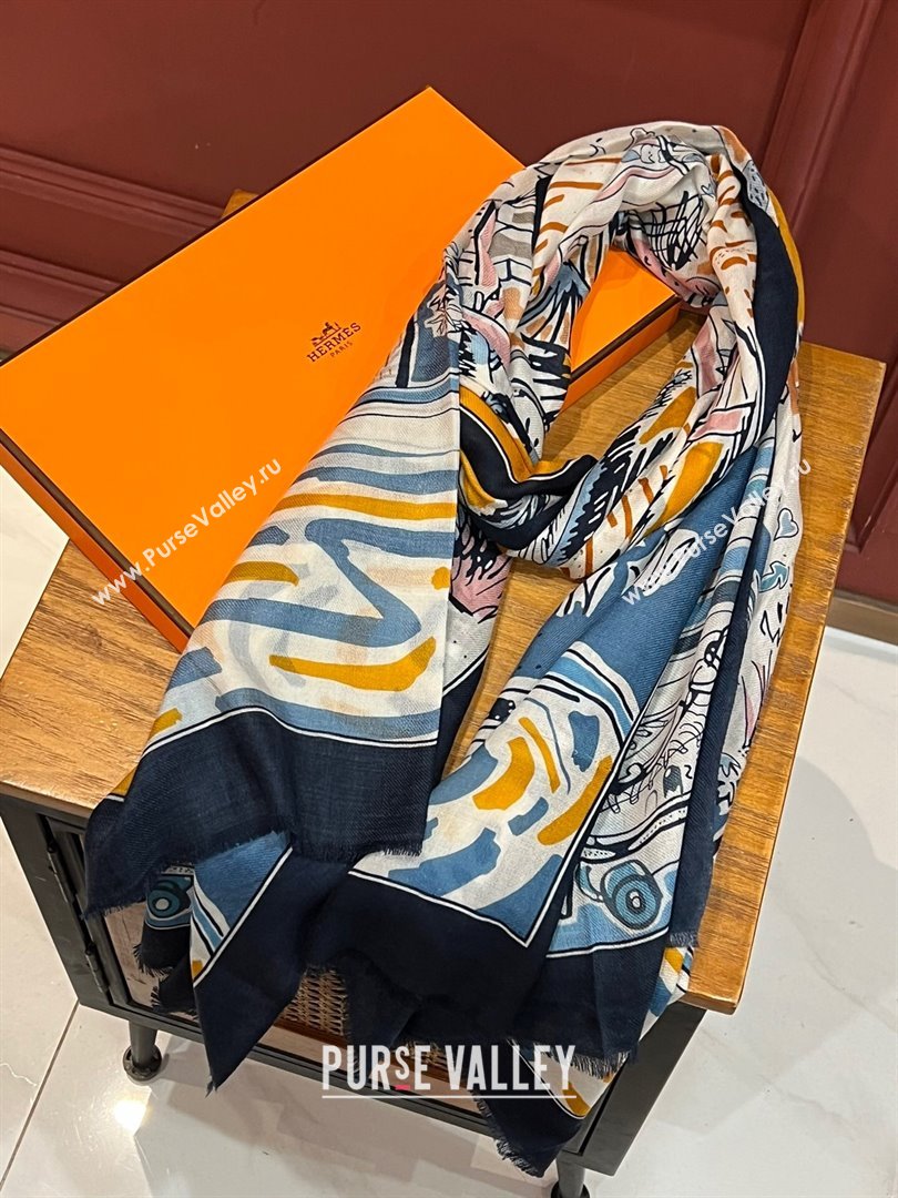 Hermes Cashmere Long Scarf 200x100cm H11736 Black/Blue 2023 (A-23111736)