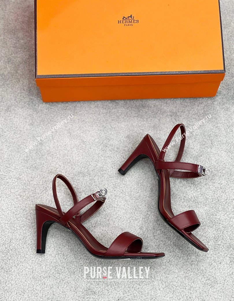 Hermes Glamour Calfskin Heel Sandals 7.5cm with Kelly Buckle Dark Burgundy 2025 H02273 (MD-250227034)