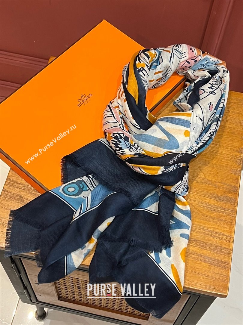 Hermes Cashmere Long Scarf 200x100cm H11736 Black/Blue 2023 (A-23111736)