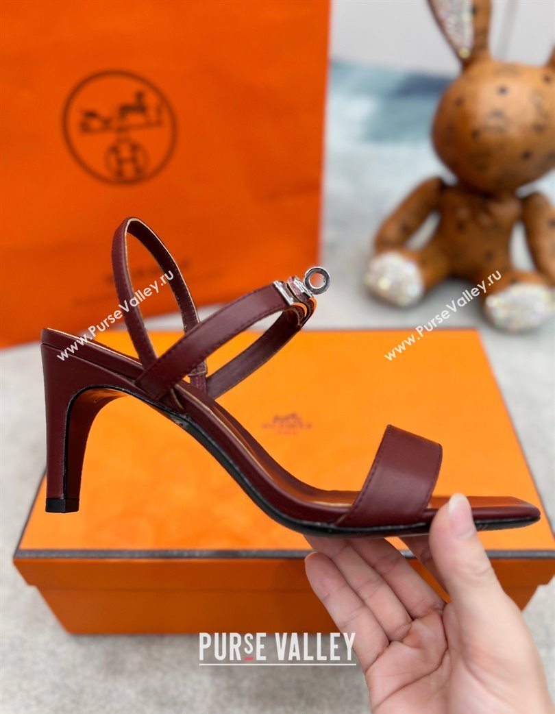 Hermes Glamour Calfskin Heel Sandals 7.5cm with Kelly Buckle Dark Burgundy 2025 H02273 (MD-250227034)