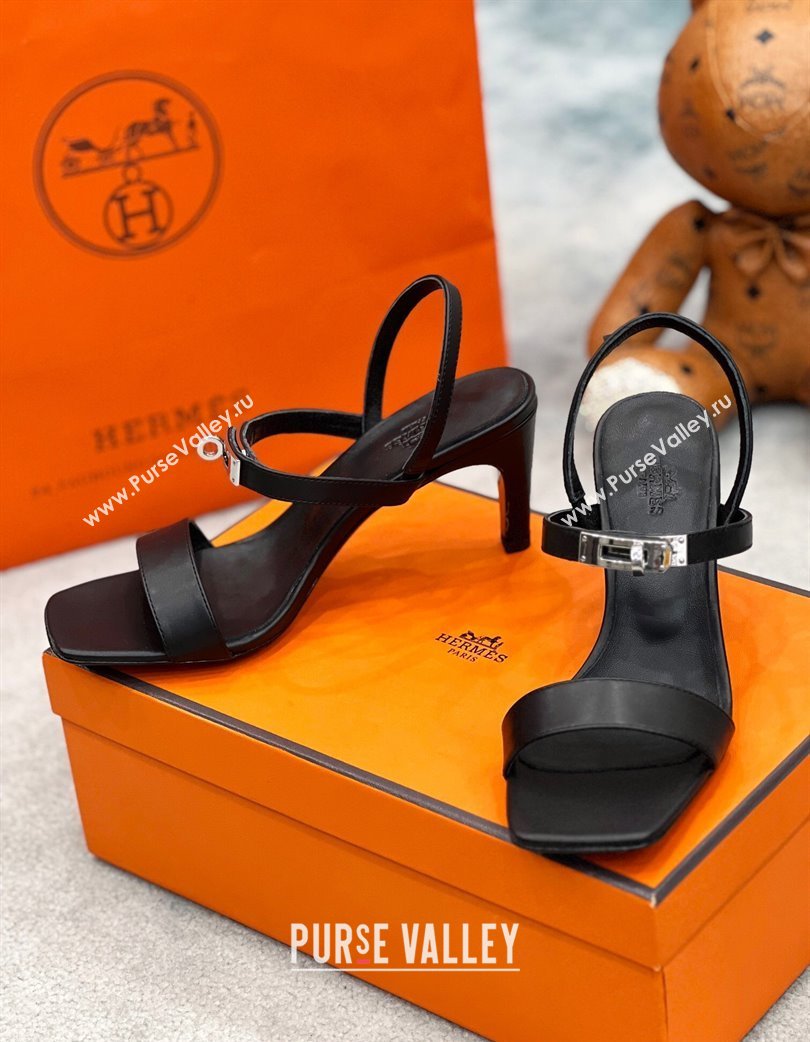 Hermes Glamour Calfskin Heel Sandals 7.5cm with Kelly Buckle Black 2025 H02273 (MD-250227035)