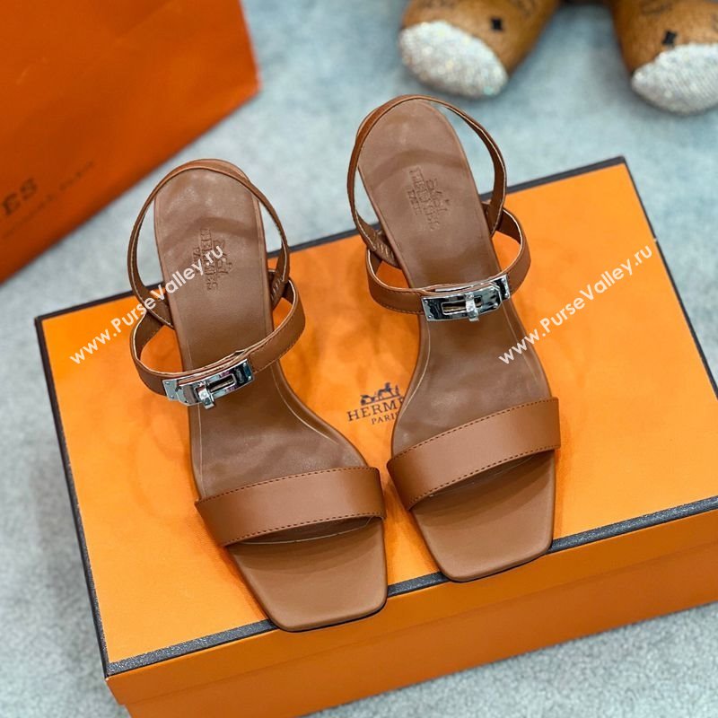 Hermes Glamour Calfskin Heel Sandals 7.5cm with Kelly Buckle Brown 2025 H02273 (MD-250227036)