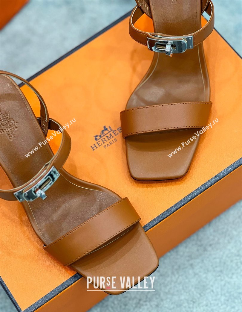 Hermes Glamour Calfskin Heel Sandals 7.5cm with Kelly Buckle Brown 2025 H02273 (MD-250227036)