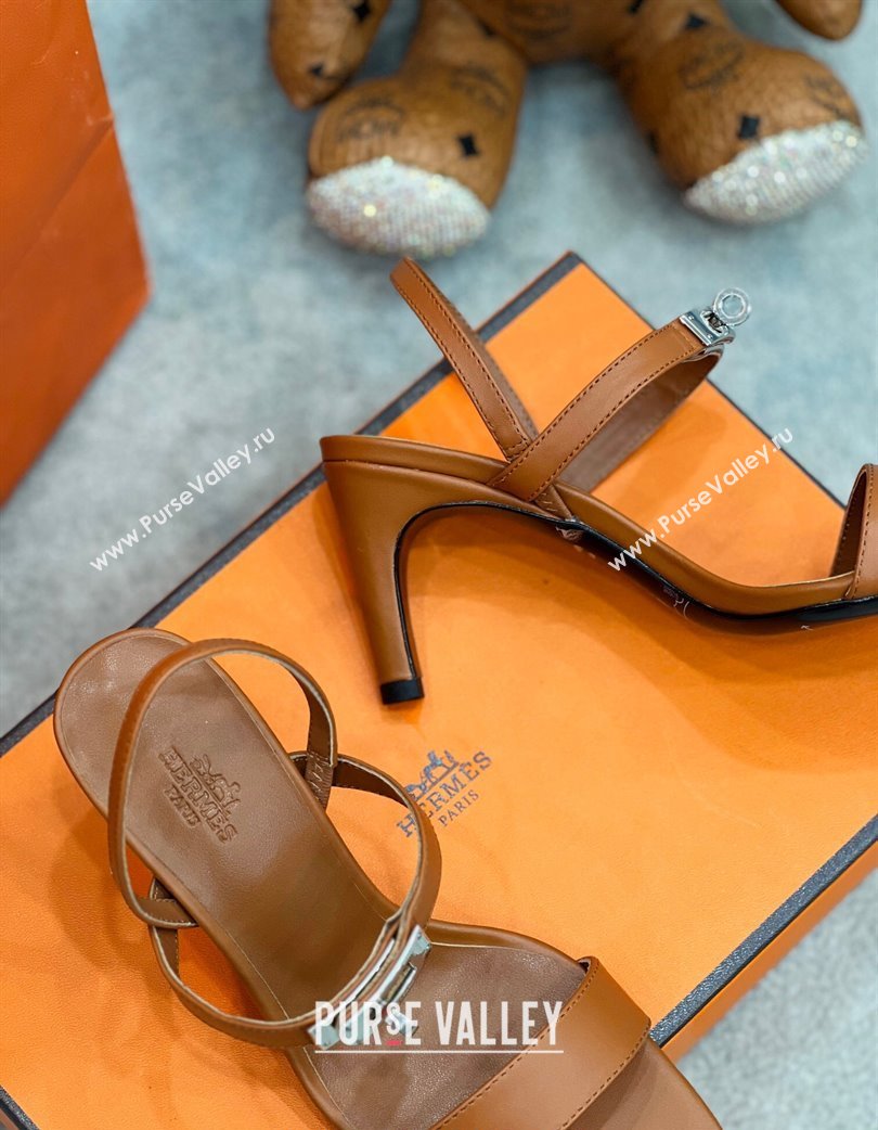 Hermes Glamour Calfskin Heel Sandals 7.5cm with Kelly Buckle Brown 2025 H02273 (MD-250227036)