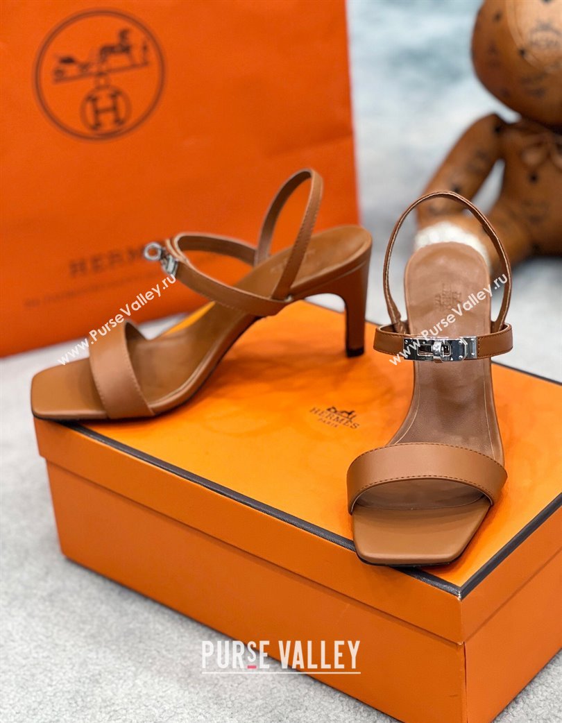 Hermes Glamour Calfskin Heel Sandals 7.5cm with Kelly Buckle Brown 2025 H02273 (MD-250227036)