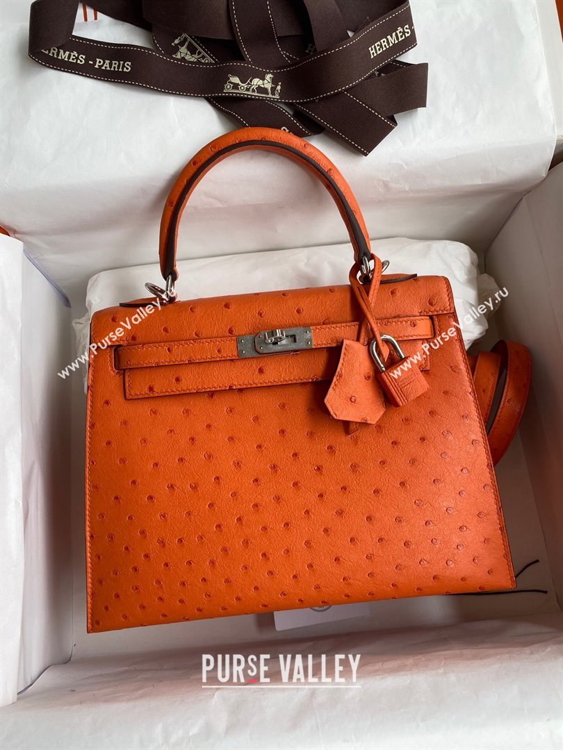 Hermes Kelly 25cm Bag in Ostrich Leather Orange/Silver 2024 (Full Handmade) (XYA-24081917)