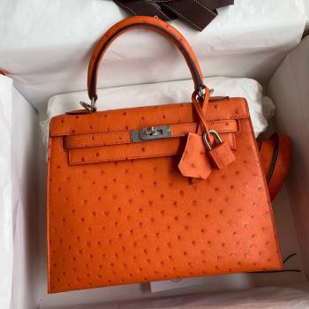 Hermes Kelly 25cm Bag in Ostrich Leather Orange/Silver 2024 (Full Handmade) (XYA-24081917)