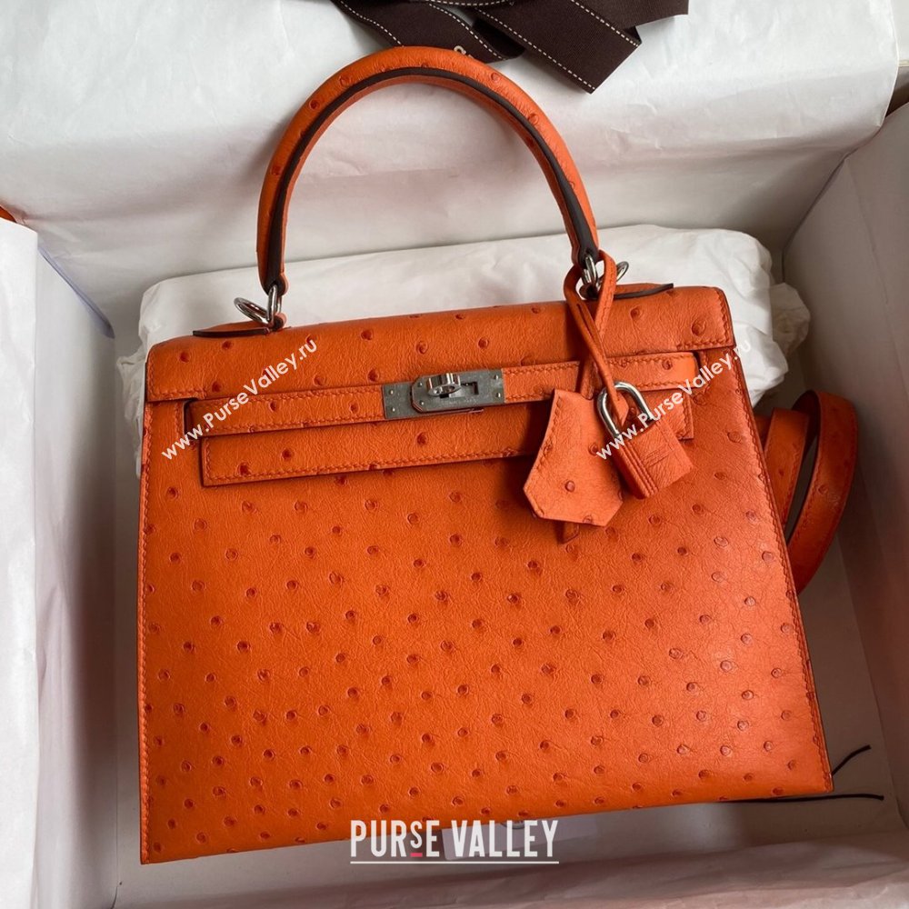 Hermes Kelly 25cm Bag in Ostrich Leather Orange/Silver 2024 (Full Handmade) (XYA-24081917)