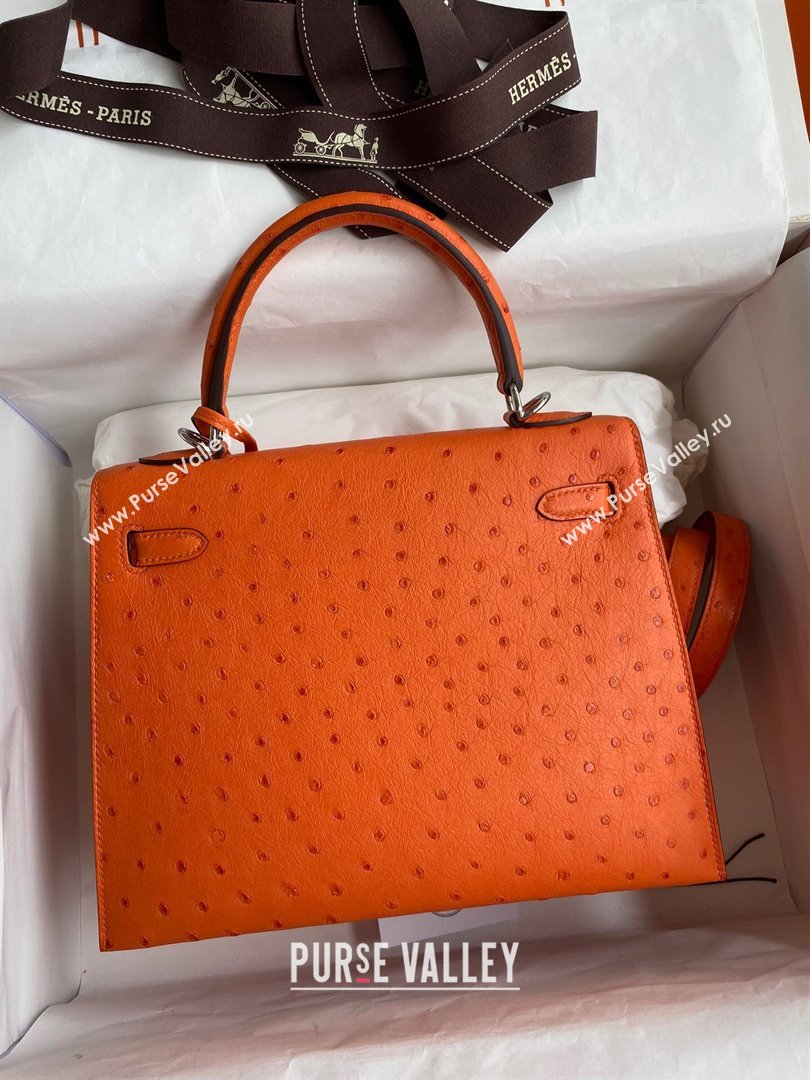 Hermes Kelly 25cm Bag in Ostrich Leather Orange/Silver 2024 (Full Handmade) (XYA-24081917)