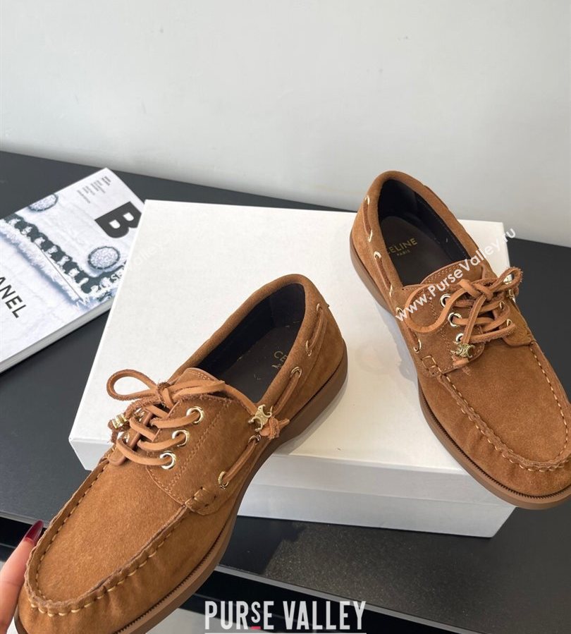 Celine Bateau Lace-up Loafers in Suede Brown 2025 (HQG-250709086)