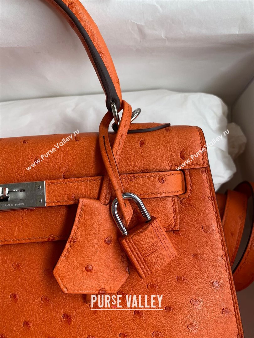 Hermes Kelly 25cm Bag in Ostrich Leather Orange/Silver 2024 (Full Handmade) (XYA-24081917)