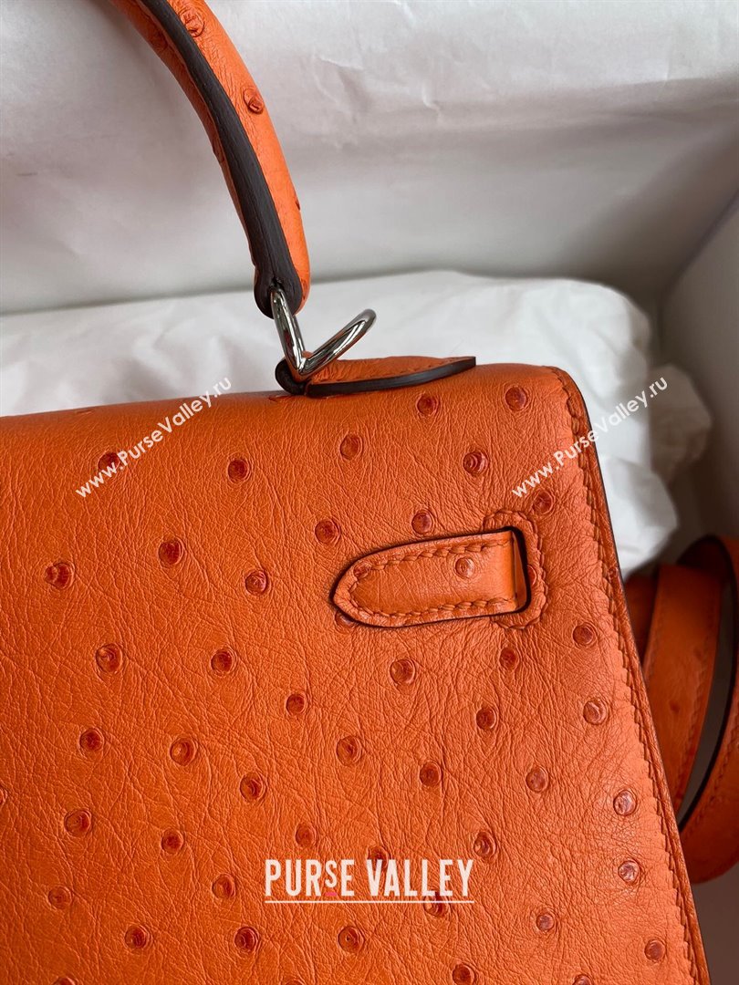 Hermes Kelly 25cm Bag in Ostrich Leather Orange/Silver 2024 (Full Handmade) (XYA-24081917)