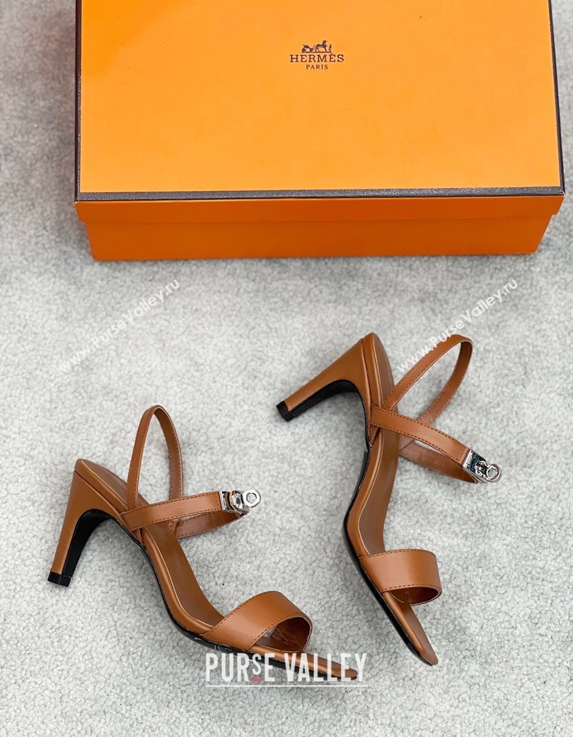 Hermes Glamour Calfskin Heel Sandals 7.5cm with Kelly Buckle Brown 2025 H02273 (MD-250227036)