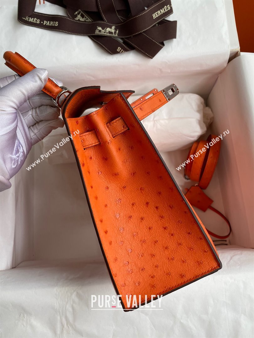 Hermes Kelly 25cm Bag in Ostrich Leather Orange/Silver 2024 (Full Handmade) (XYA-24081917)